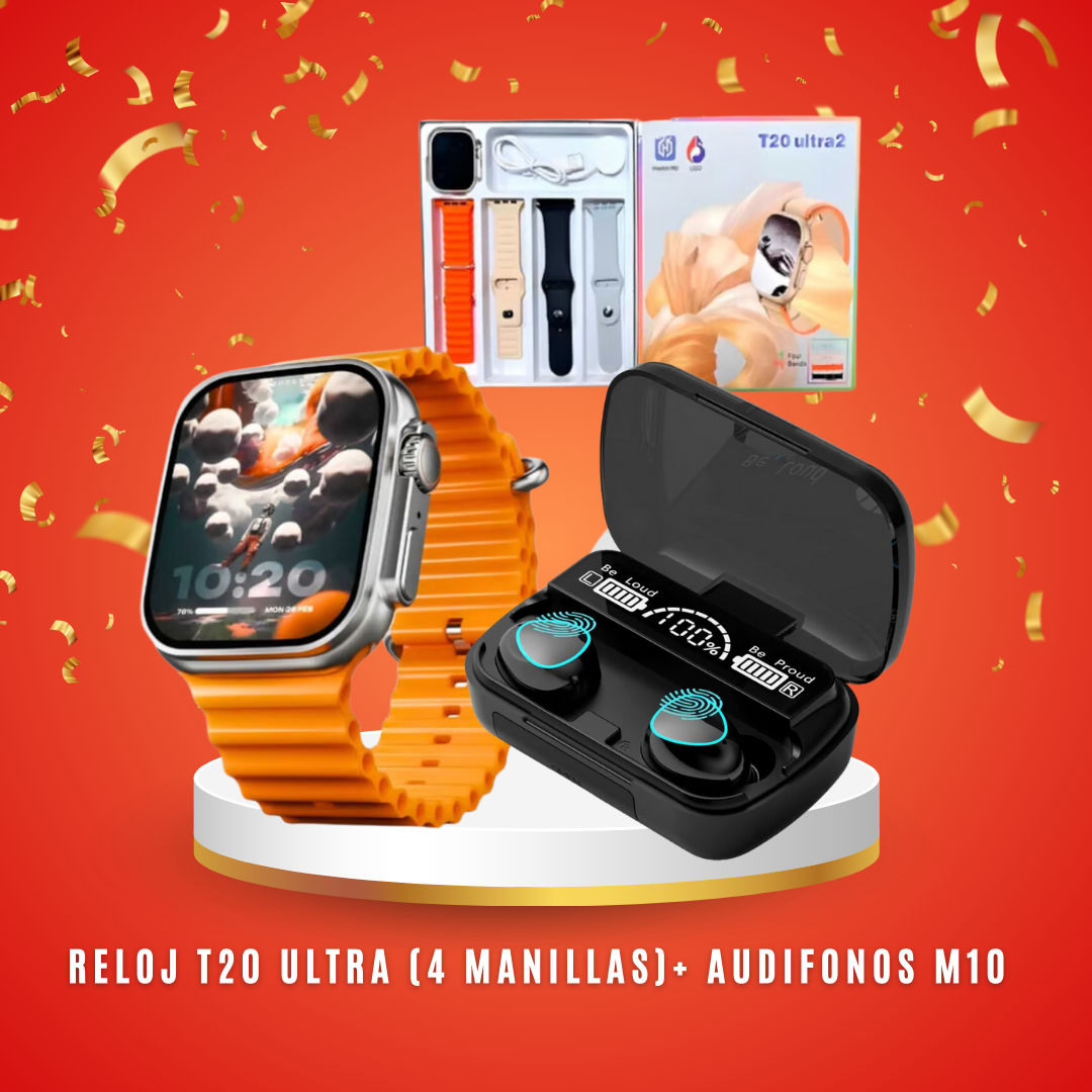 "Combo Exclusivo: Reloj T20 Ultra 2 con 4 Correas + Audífonos M10"🤩 Paga al recibir