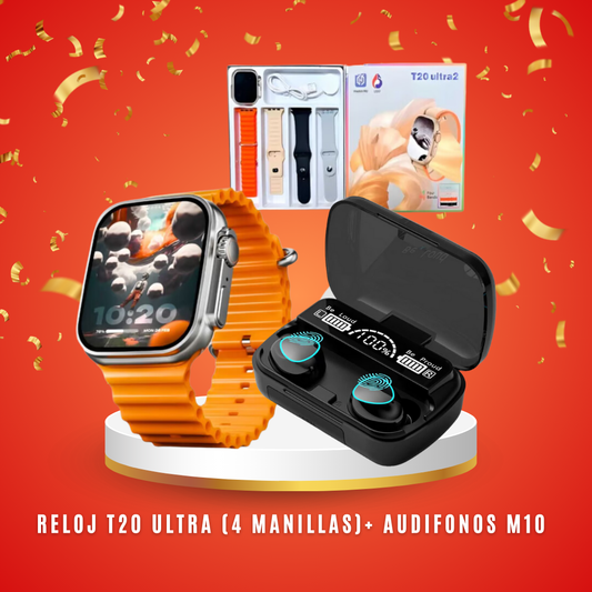 "Combo Exclusivo: Reloj T20 Ultra 2 con 4 Correas + Audífonos M10"🤩 Paga al recibir
